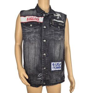 Born Fly Men's Denim Vest Size XL Black Wash Distressed News Paper (03)